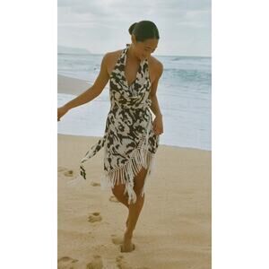 By Anthropologie Fringed Wrap Cover-Up Dress Womens S Tropical  Coastal Chic